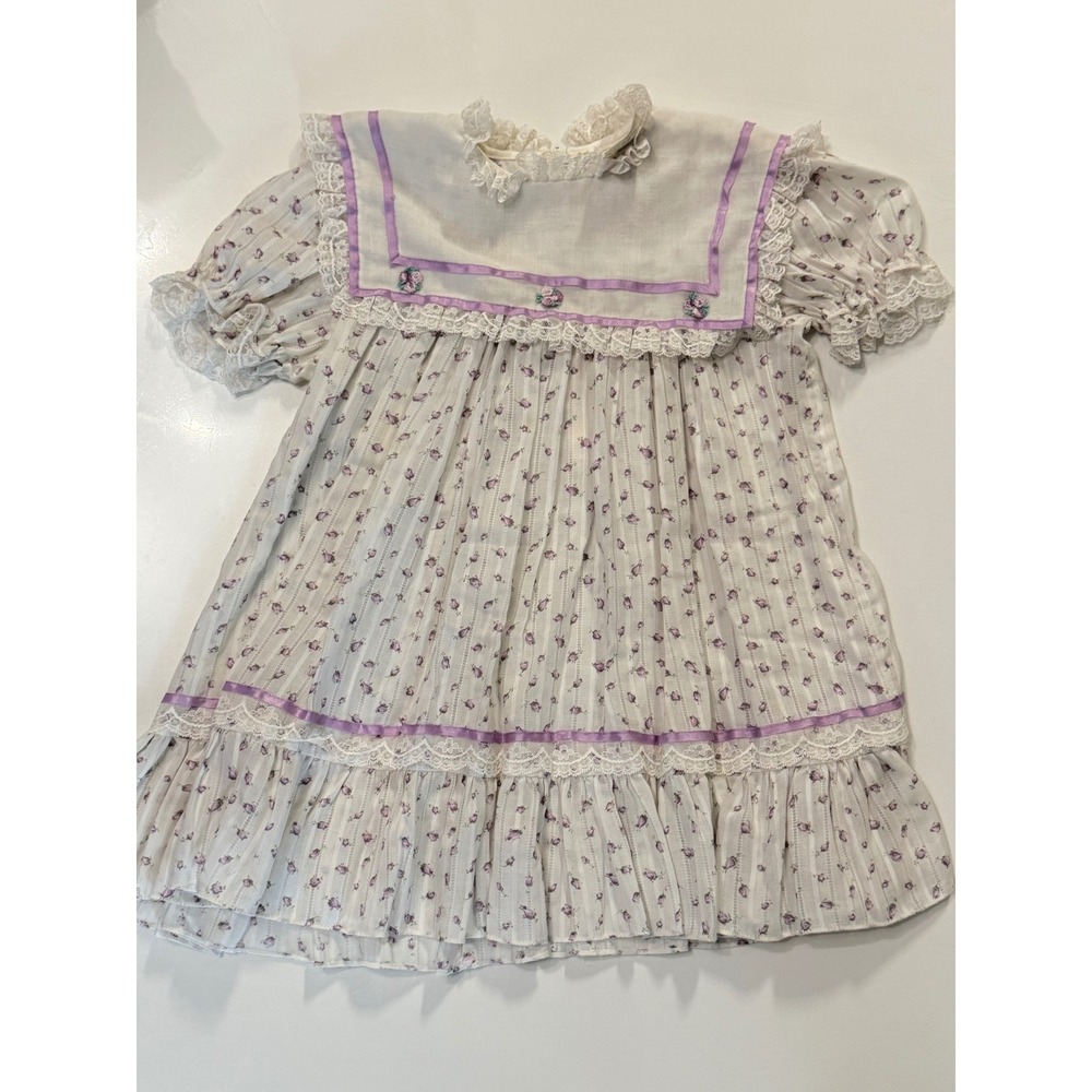 Vintage Youngland Girls Dress Size 4 White Purple Floral Sailor Collar ILGWU USA